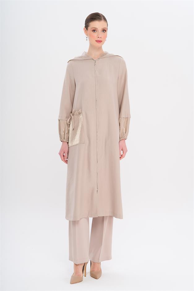 Mesh Hooded Garni Detailed Unlined Modal Coat STONE 6748
