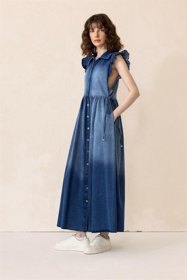 Sleeveless Denim Dress with Ruffle Detail BLUE 9296-E