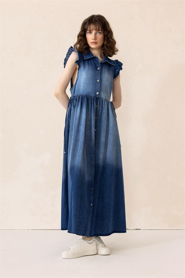 Sleeveless Denim Dress with Ruffle Detail BLUE 9296-E