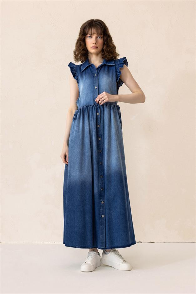 Sleeveless Denim Dress with Ruffle Detail BLUE 9296-E