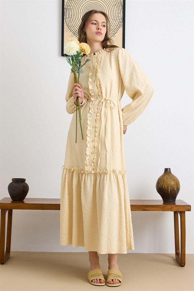 Fırfır Detaylı Jakar Elbise SARI 9431-E