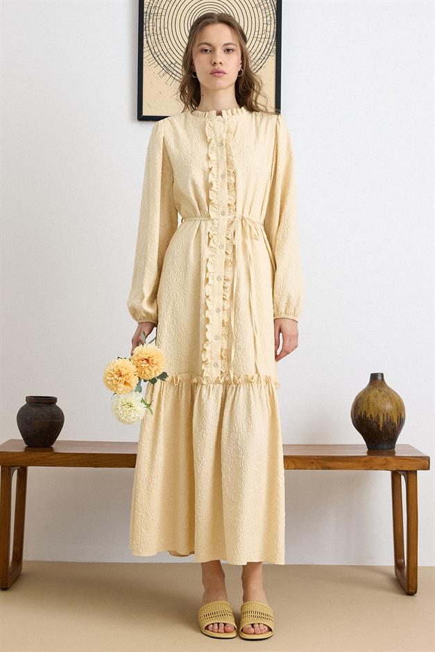 Fırfır Detaylı Jakar Elbise SARI 9431-E