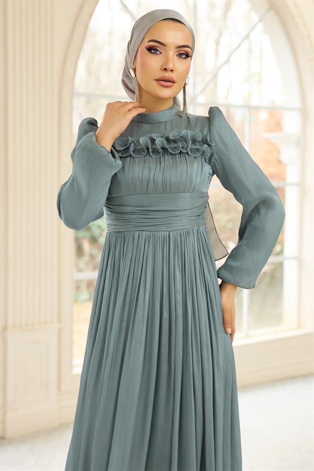 Fırfır ve Pilise Detaylı Yoryo İpek Tesettür Abiye Elbise SU YEŞİLİ 1250