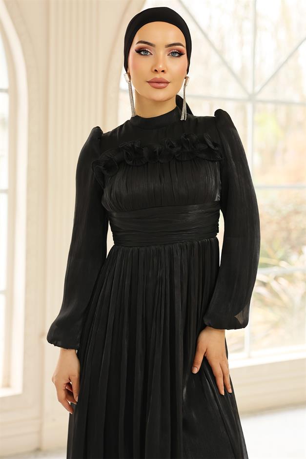 Fırfır ve Pilise Detaylı Yoryo İpek Tesettür Abiye Elbise SİYAH 1250