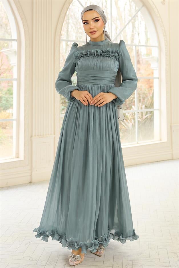 Fırfır ve Pilise Detaylı Yoryo İpek Tesettür Abiye Elbise SU YEŞİLİ 1250