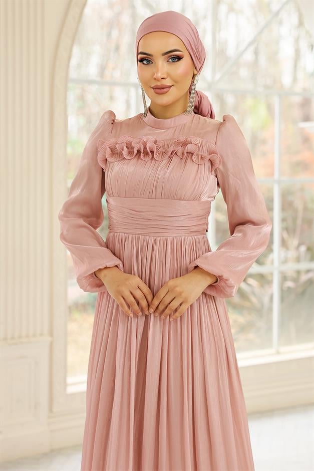 Fırfır ve Pilise Detaylı Yoryo İpek Tesettür Abiye Elbise PUDRA 1250