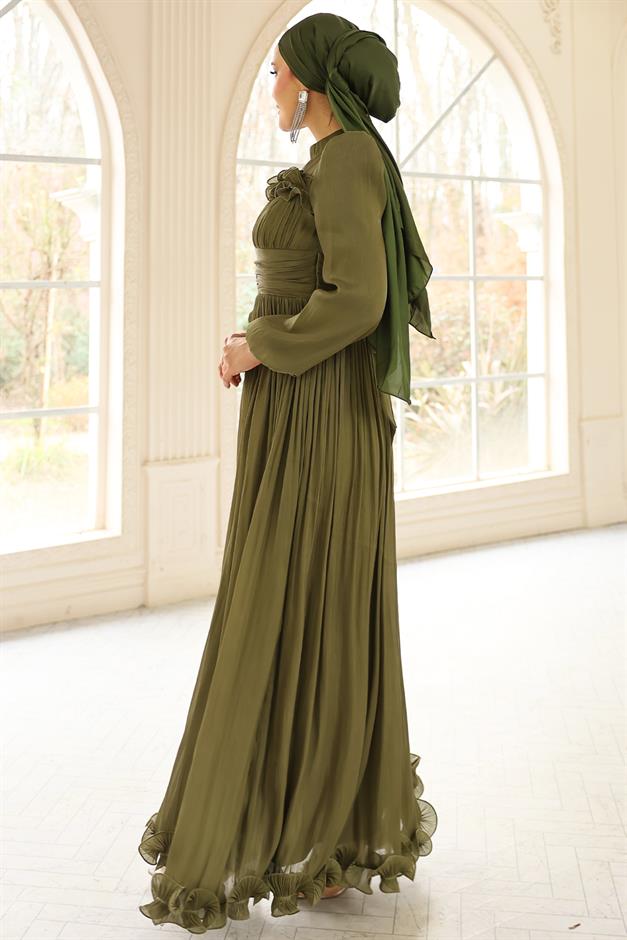 Fırfır ve Pilise Detaylı Yoryo İpek Tesettür Abiye Elbise YEŞİL 1250
