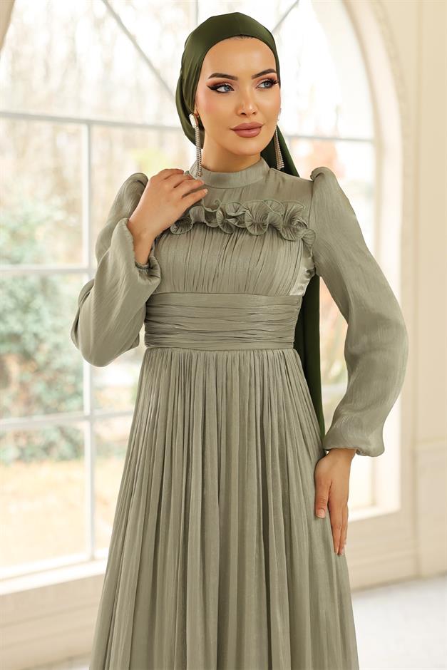 Fırfır ve Pilise Detaylı Yoryo İpek Tesettür Abiye Elbise AÇIK YEŞİL 1250