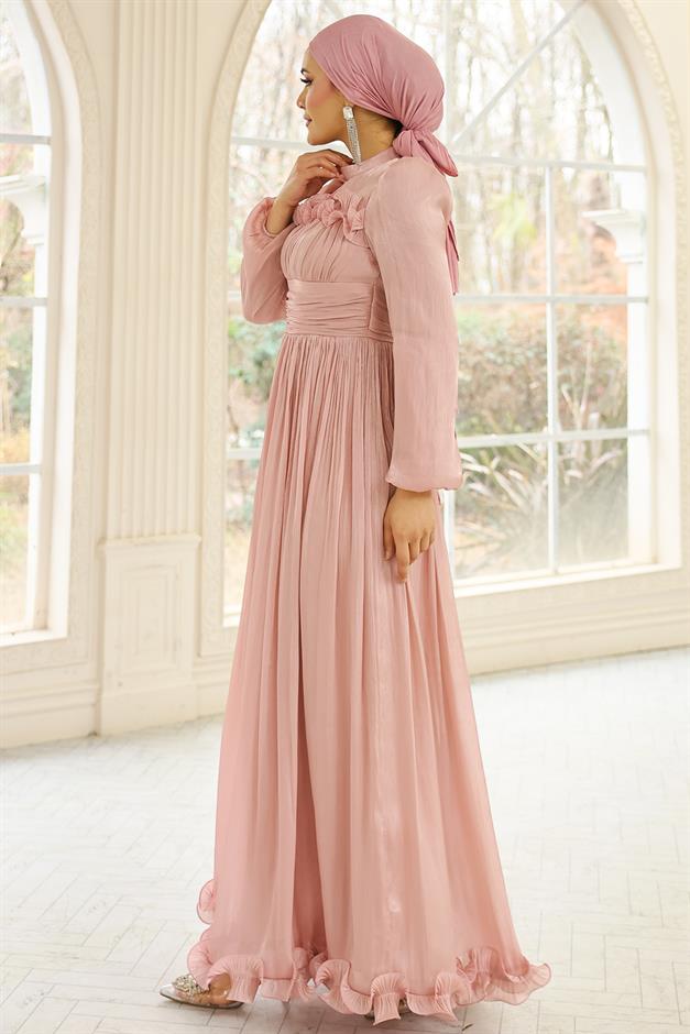 Fırfır ve Pilise Detaylı Yoryo İpek Tesettür Abiye Elbise PUDRA 1250