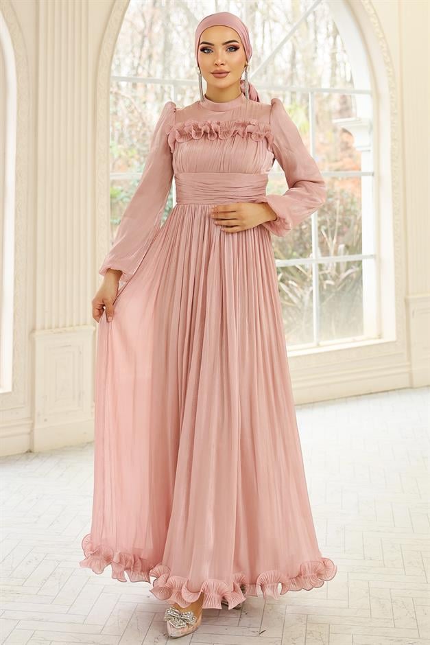 Fırfır ve Pilise Detaylı Yoryo İpek Tesettür Abiye Elbise PUDRA 1250