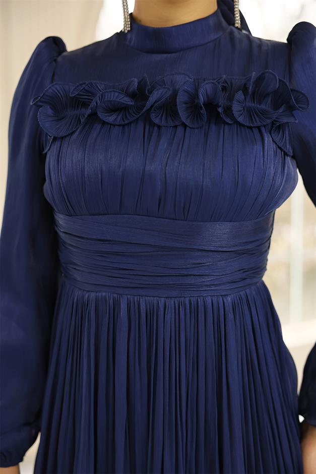 Fırfır ve Pilise Detaylı Yoryo İpek Tesettür Abiye Elbise K. İNDİGO 1250