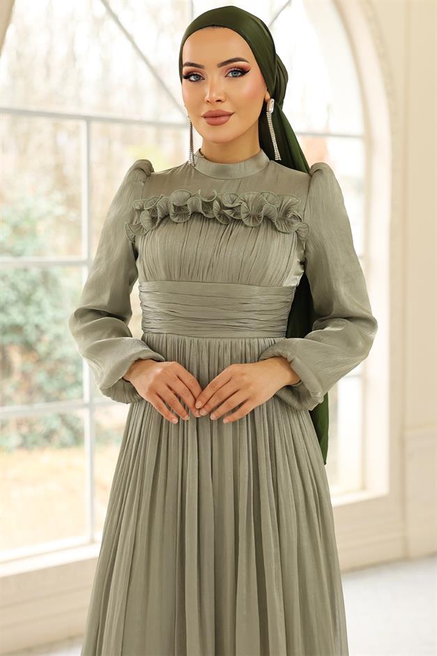 Fırfır ve Pilise Detaylı Yoryo İpek Tesettür Abiye Elbise AÇIK YEŞİL 1250
