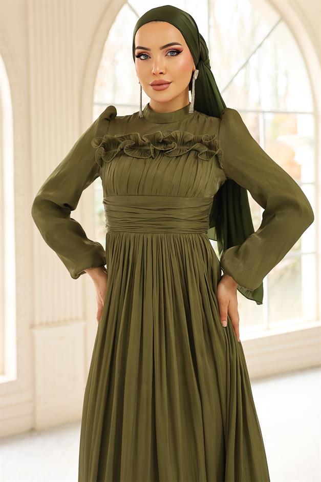 Fırfır ve Pilise Detaylı Yoryo İpek Tesettür Abiye Elbise YEŞİL 1250
