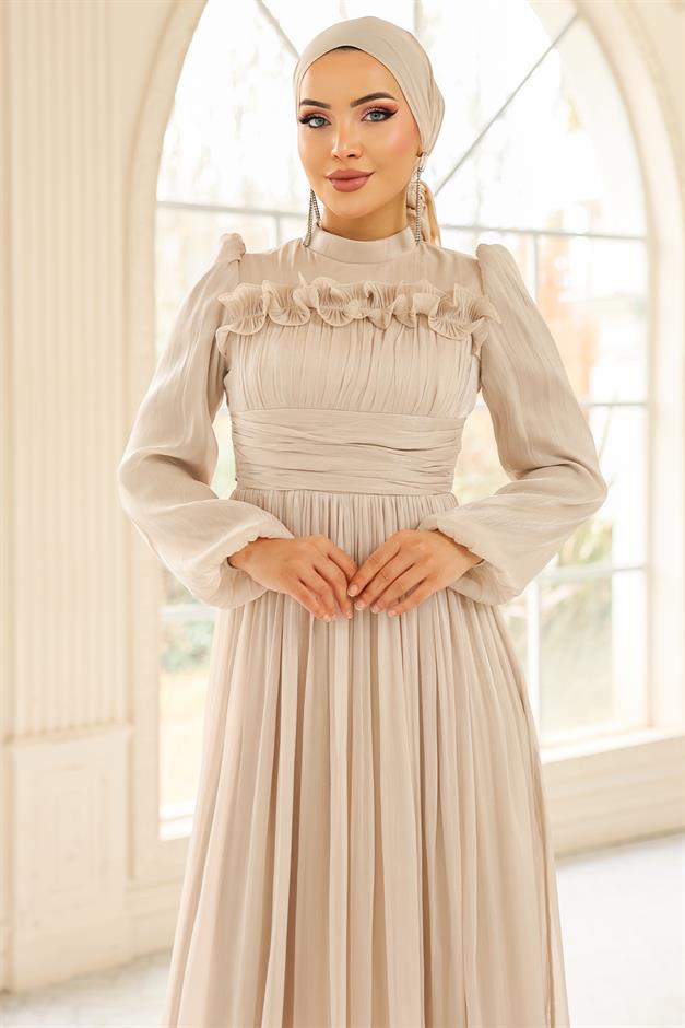Fırfır ve Pilise Detaylı Yoryo İpek Tesettür Abiye Elbise TAŞ 1250