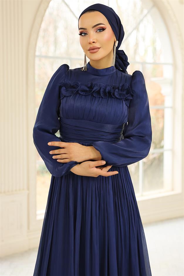 Fırfır ve Pilise Detaylı Yoryo İpek Tesettür Abiye Elbise K. İNDİGO 1250