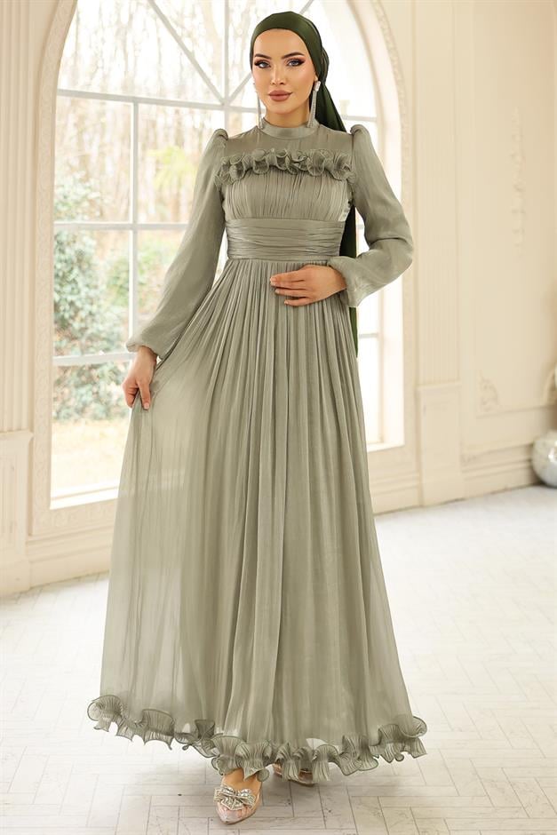 Fırfır ve Pilise Detaylı Yoryo İpek Tesettür Abiye Elbise AÇIK YEŞİL 1250