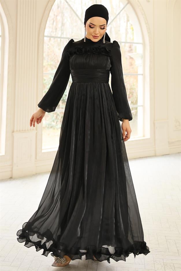 Fırfır ve Pilise Detaylı Yoryo İpek Tesettür Abiye Elbise SİYAH 1250