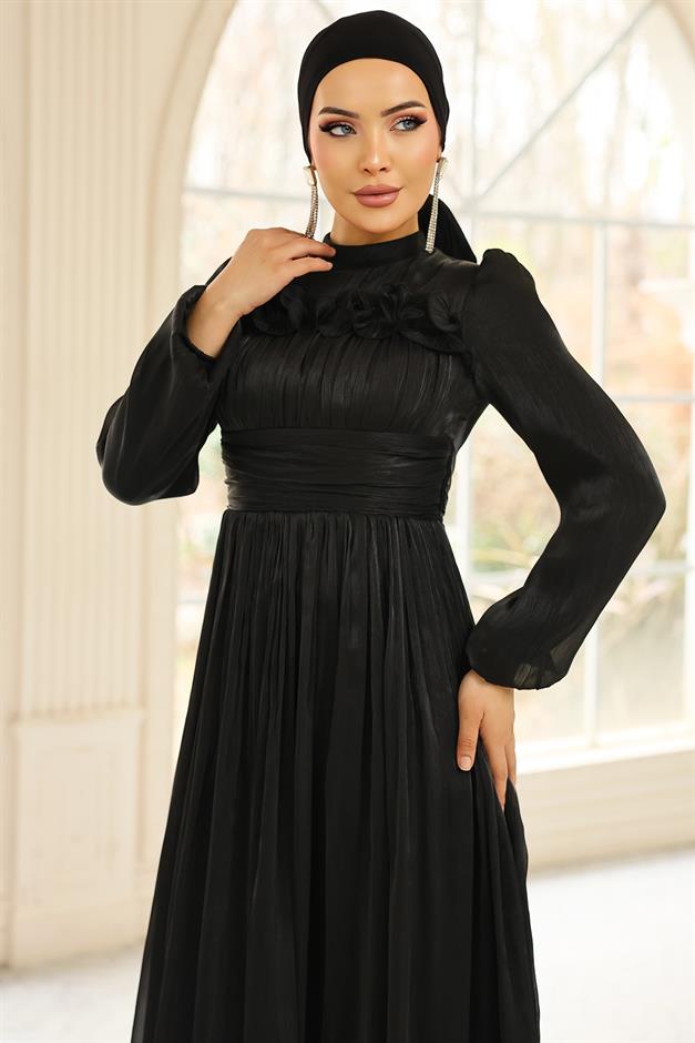 Fırfır ve Pilise Detaylı Yoryo İpek Tesettür Abiye Elbise SİYAH 1250