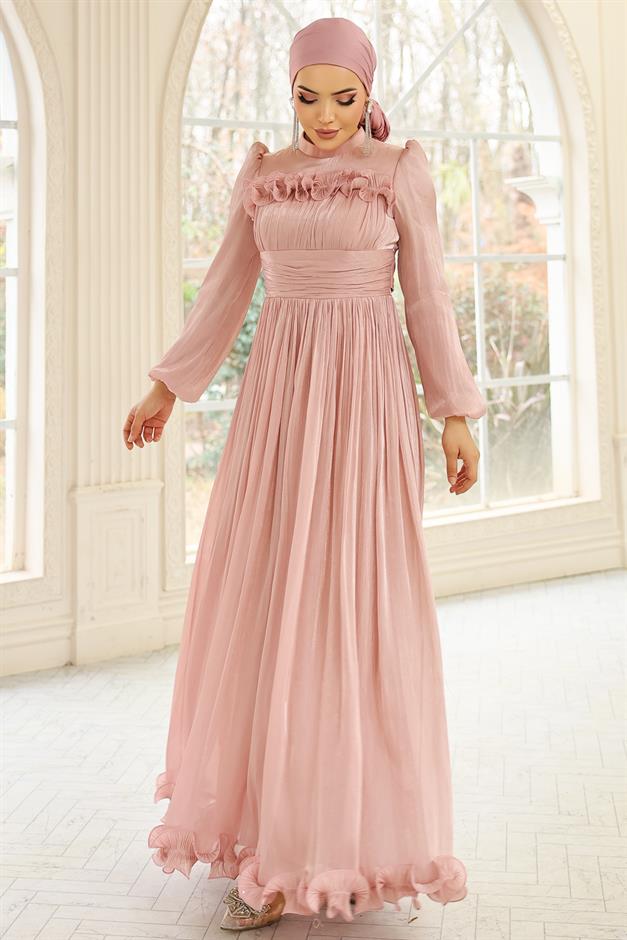 Fırfır ve Pilise Detaylı Yoryo İpek Tesettür Abiye Elbise PUDRA 1250