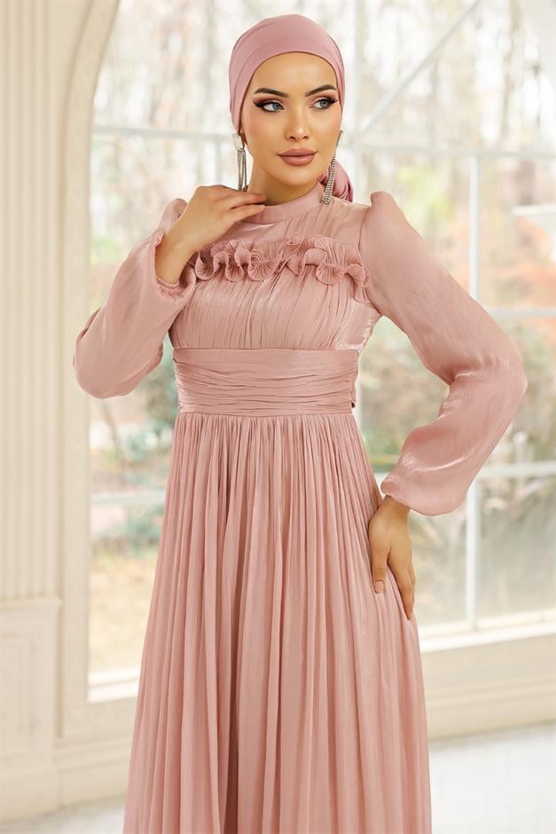 Fırfır ve Pilise Detaylı Yoryo İpek Tesettür Abiye Elbise PUDRA 1250
