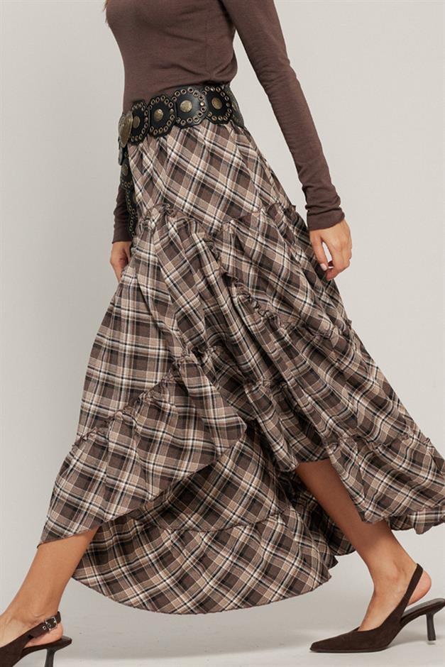 Fırfırlı Volanlı Ekose Etek A.KAHVE 7067