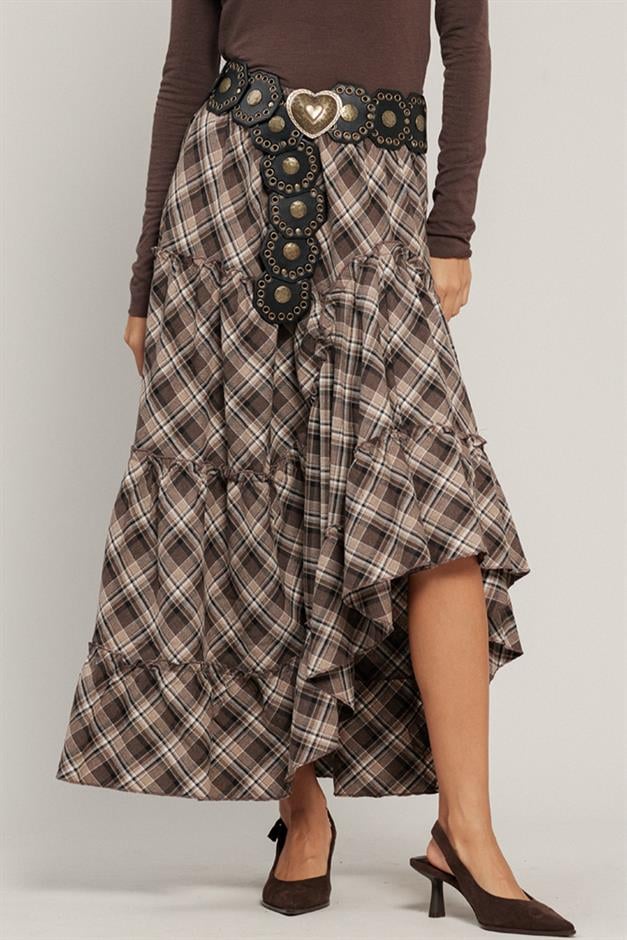 Fırfırlı Volanlı Ekose Etek A.KAHVE 7067