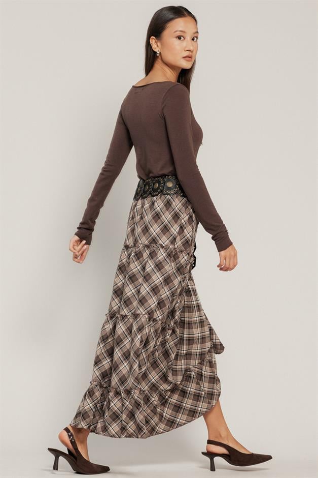 Fırfırlı Volanlı Ekose Etek A.KAHVE 7067