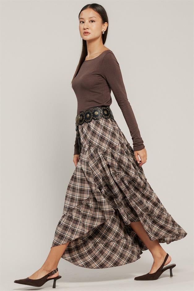 Fırfırlı Volanlı Ekose Etek A.KAHVE 7067