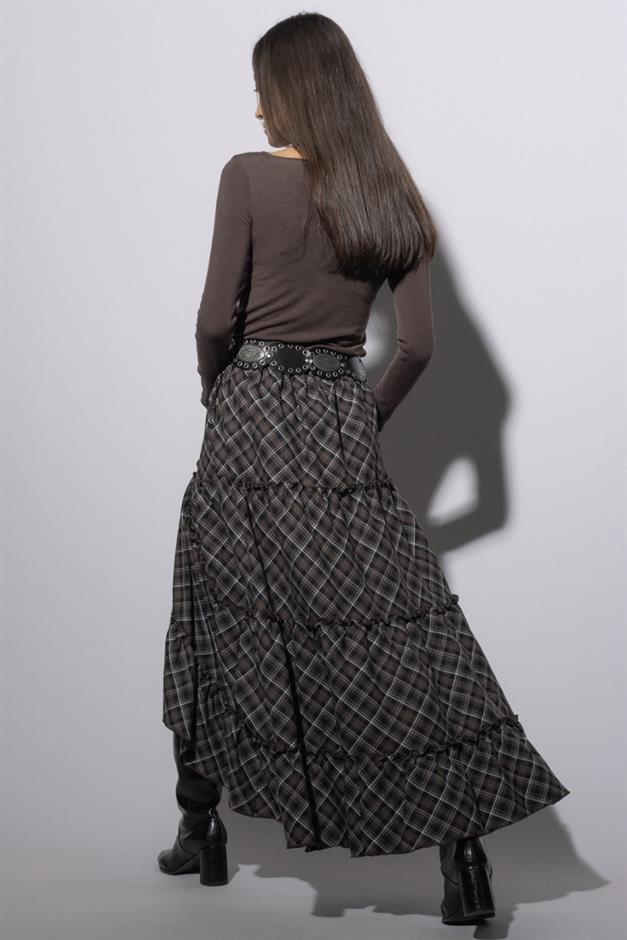 Fırfırlı Volanlı Ekose Etek KAHVE 7067