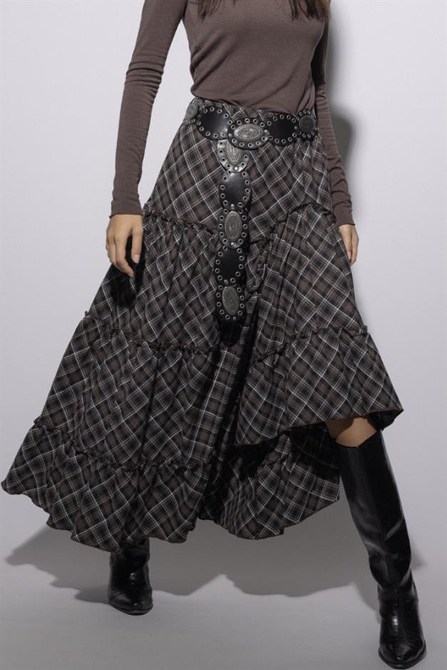 Fırfırlı Volanlı Ekose Etek KAHVE 7067