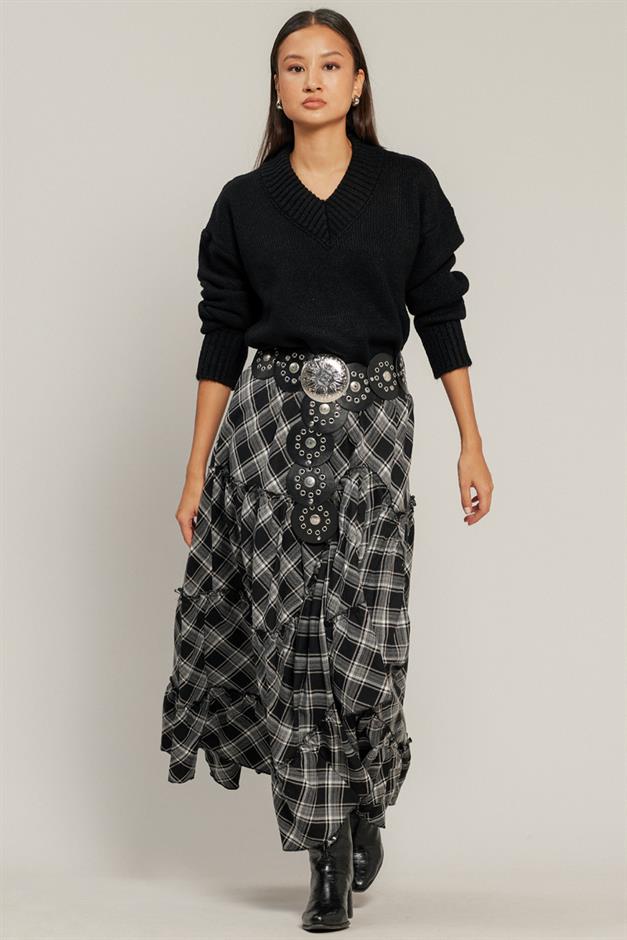 Fırfırlı Volanlı Ekose Etek SİYAH 7067