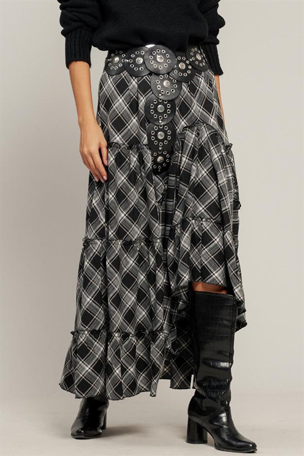 Fırfırlı Volanlı Ekose Etek SİYAH 7067