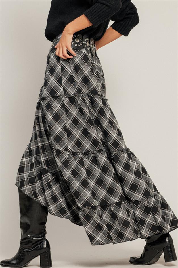 Fırfırlı Volanlı Ekose Etek SİYAH 7067