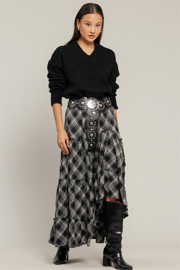 Fırfırlı Volanlı Ekose Etek SİYAH 7067