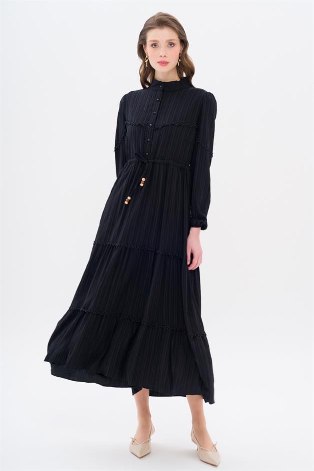 Linen Look Dress with Scallop Detail and Gathered Waist BLACK 9235-E