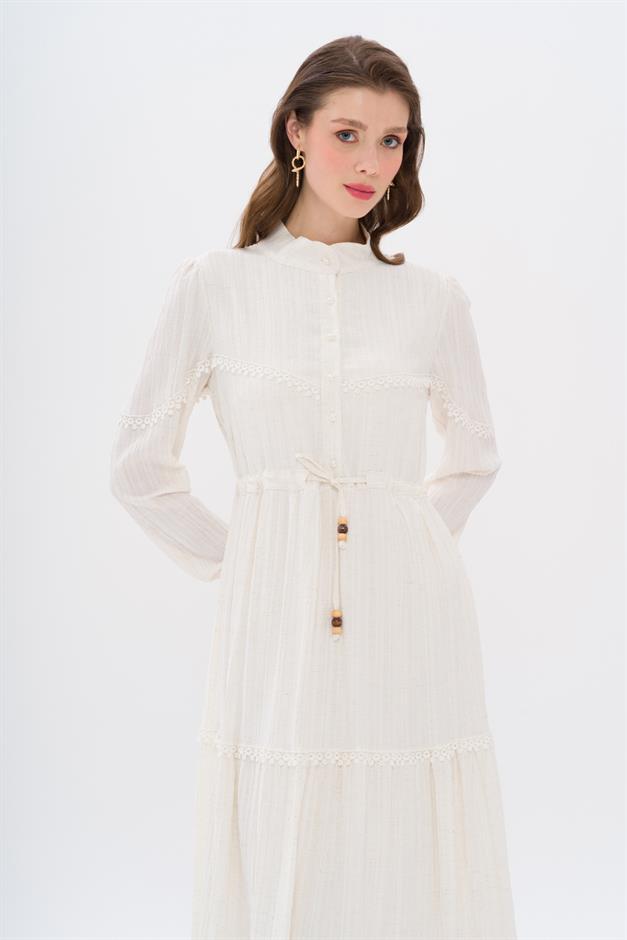Linen Look Dress with Scallop Detail and Gathered Waist CREAM 9235-E