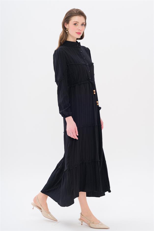 Linen Look Dress with Scallop Detail and Gathered Waist BLACK 9235-E