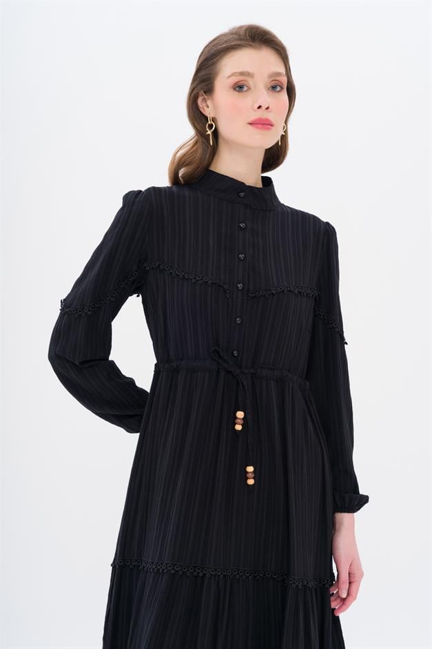 Linen Look Dress with Scallop Detail and Gathered Waist BLACK 9235-E