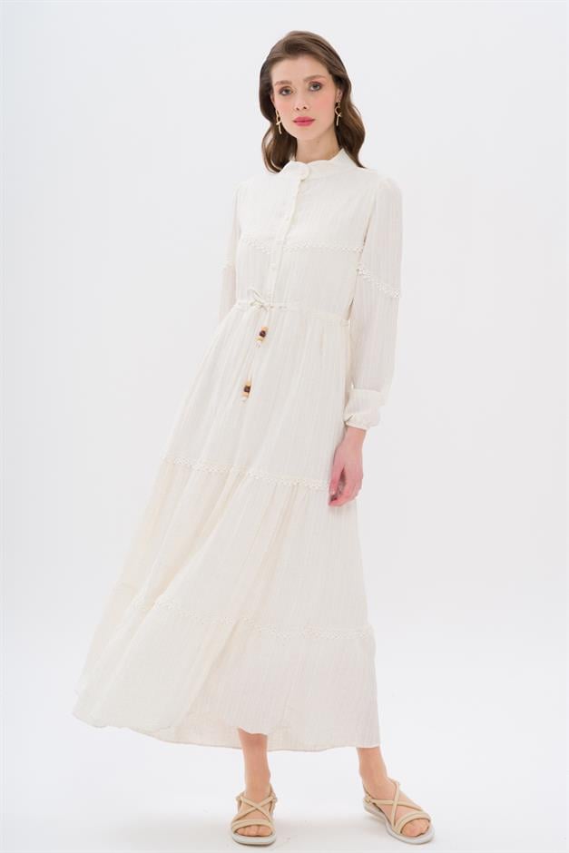 Linen Look Dress with Scallop Detail and Gathered Waist CREAM 9235-E