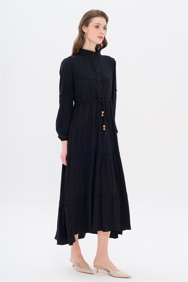 Linen Look Dress with Scallop Detail and Gathered Waist BLACK 9235-E
