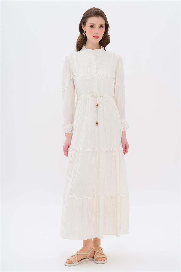 Linen Look Dress with Scallop Detail and Gathered Waist CREAM 9235-E