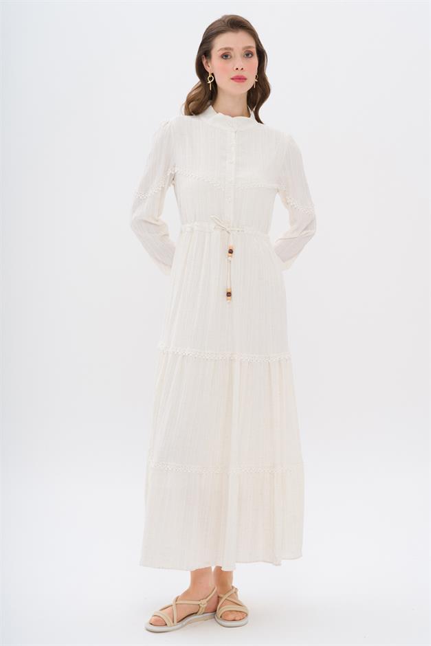 Linen Look Dress with Scallop Detail and Gathered Waist CREAM 9235-E