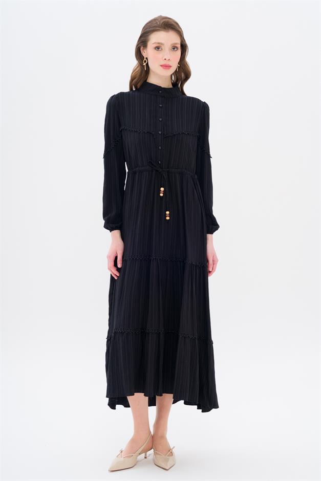 Linen Look Dress with Scallop Detail and Gathered Waist BLACK 9235-E
