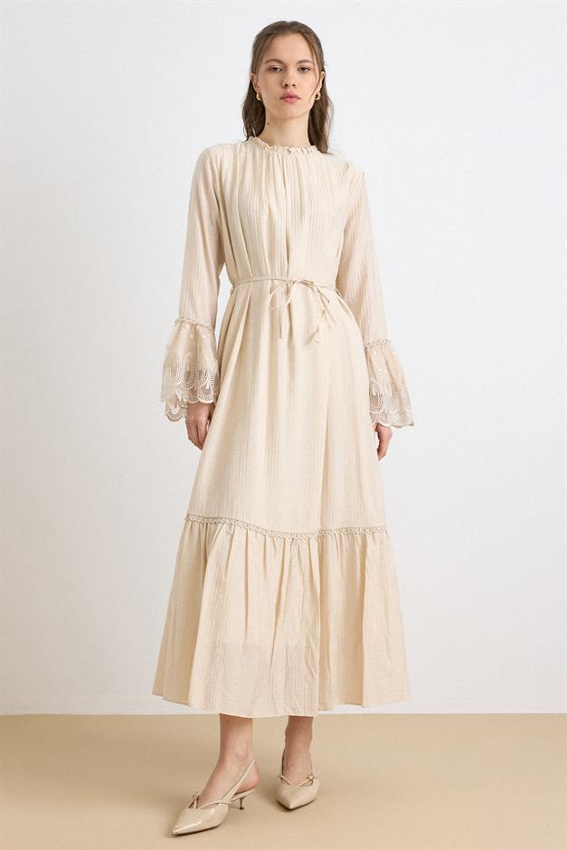 Fisto Detaylı Kolları Güpürlü Elbise BEJ 9429-E