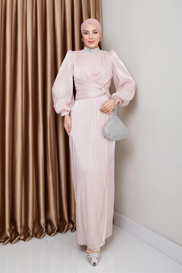 فستان سهرة حرير من يوريو مع فيونكة وياقة حجرية مسحوق 1236