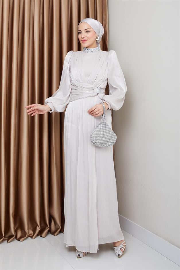 فستان سهرة حرير من يوريو مع فيونكة وياقة حجرية حجر 1236