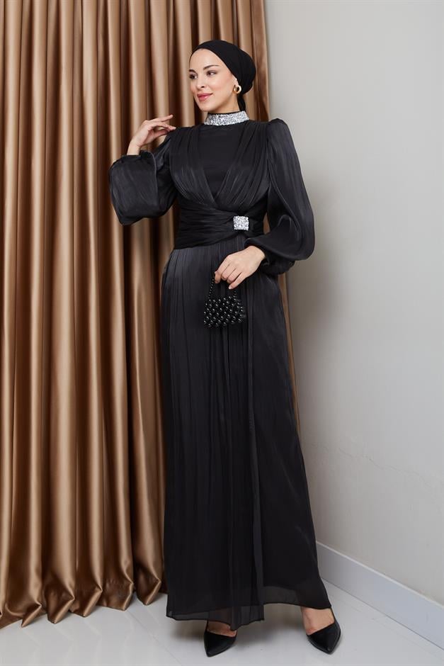 فستان سهرة حرير من يوريو مع فيونكة وياقة حجرية أسود 1236