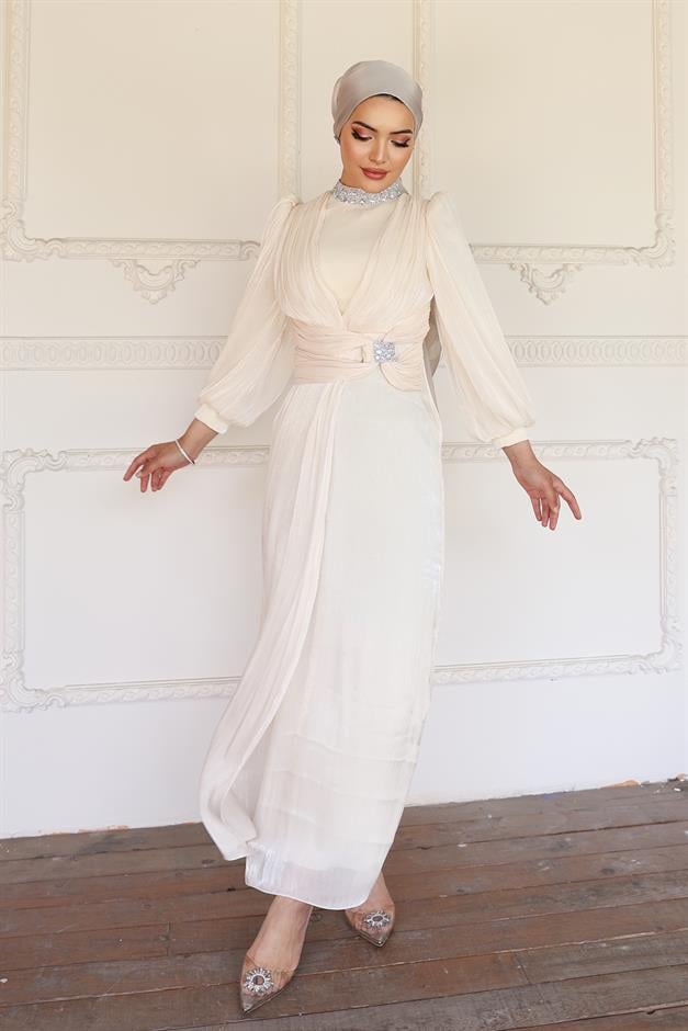 فستان سهرة حرير من يوريو مع فيونكة وياقة حجرية العاج 1236