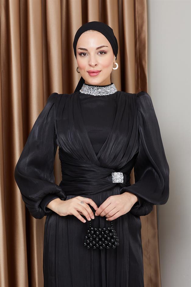 فستان سهرة حرير من يوريو مع فيونكة وياقة حجرية أسود 1236