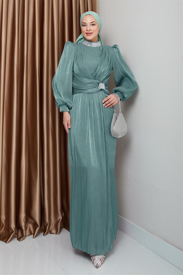 فستان سهرة حرير من يوريو مع فيونكة وياقة حجرية أخضر مائي 1236